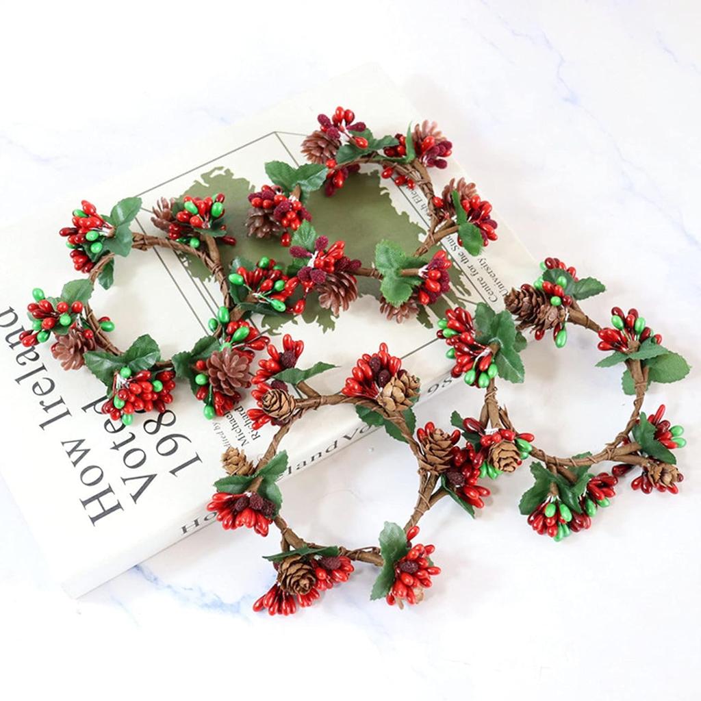 4 Pcs Christmas Candle Rings, Red Berry Pine Cone Wreath for Candle Holders Festival Table Decoration for Christmas Thanksgiving Harvest Day