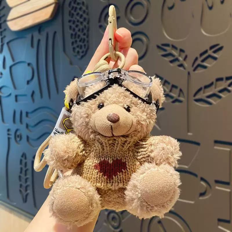 Lovely Goggles Pilot Bear Keychain Pearl Hanging Rope Plush Bear Key Ring Heart Pink Stuffed Animal Pendant Backpack