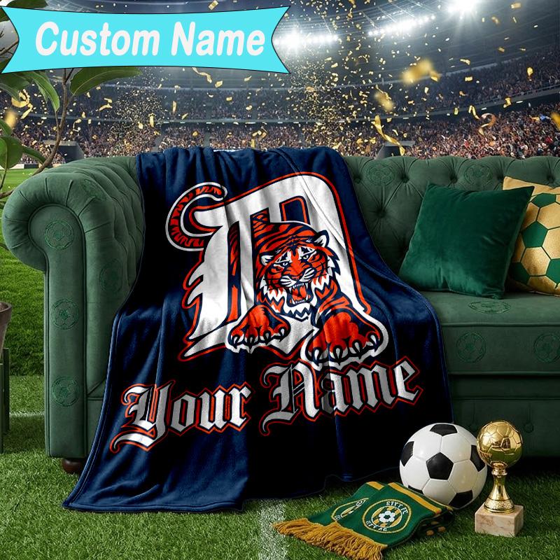 Custom Name Blanket Detroit Tigers Emblem Blanket Bedding Blanket for Travel, Camping, Living Rooms, Offices, Sofas, Fan Christmas gift