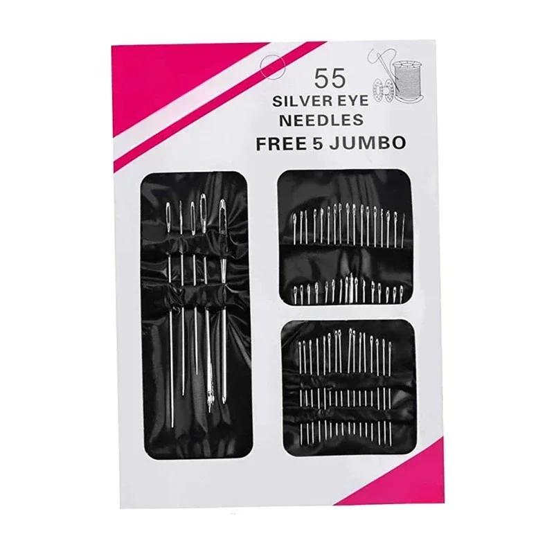 55pcs/Set Stainless Steel Big Eye Hand Sewing Needles Set with Different Sizes for Sewing Needlework Embroidery Needles