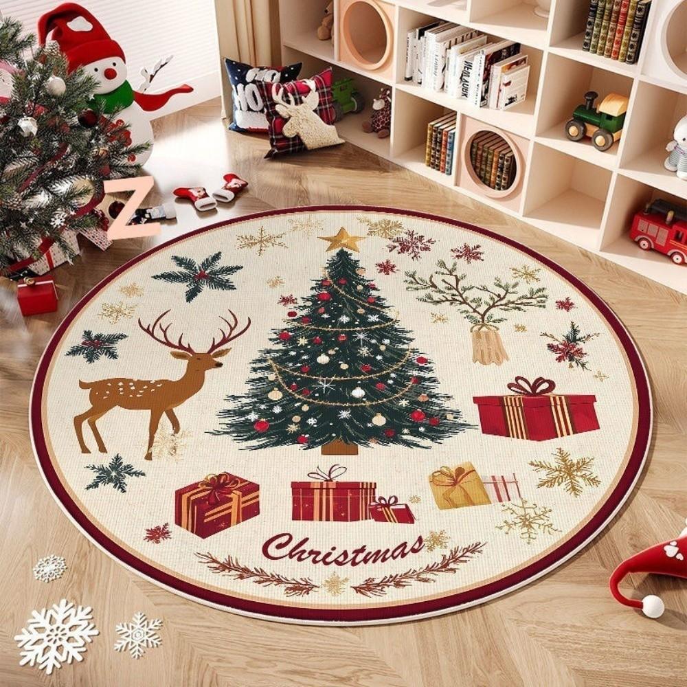 Reindeer Christmas Rug 2D Flat Printed Round Carpet Holiday Decor Christmas Doormat Party