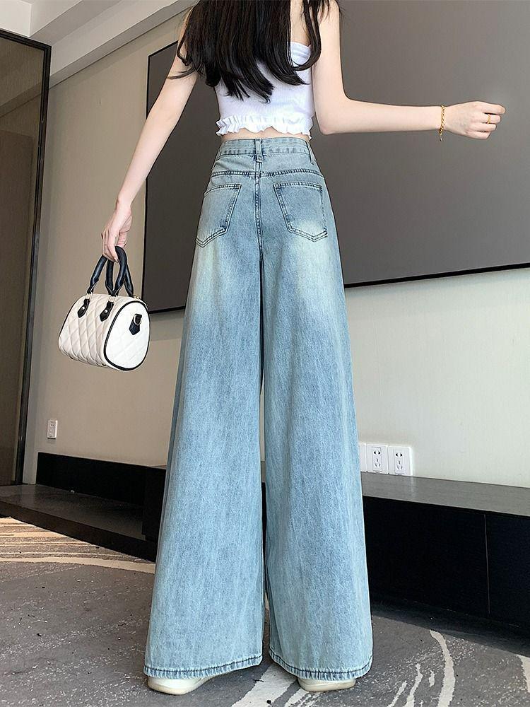 Women's Summer 2025 High-Waisted Wide-Leg Jeans, Floor-Length, Plus Size, Lightweight, Slimming Drape.