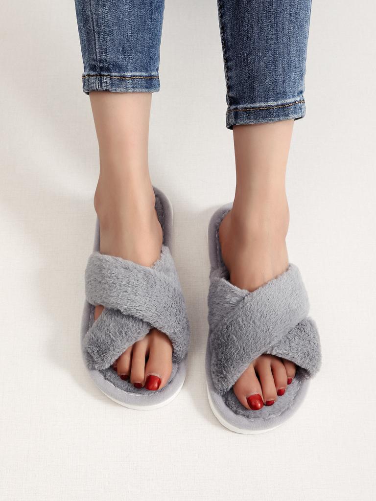 Crossed Plush Slippers Autumn and Winter Four Seasons Indoor New Warm Leak Toe Fluffy Slippers