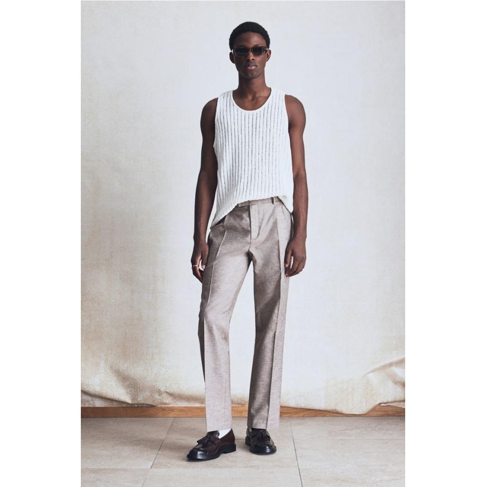 H M Linen Blend Tailored Pants Regular Fit Beige