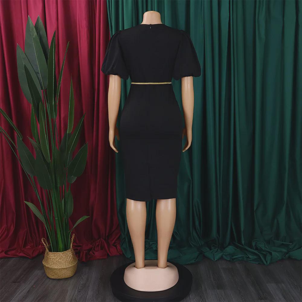 D411 Dámské letní šaty s nabíranými rukávy, výstřihem do V a obepínající boky - Profesionální OL styl pro africký, evropský a americký trh