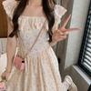French Floral Square Neck Dress Women's Summer New Pure Desire Wind Sweet Skirt Ruffle Leaf Edge Waist Thin Dress