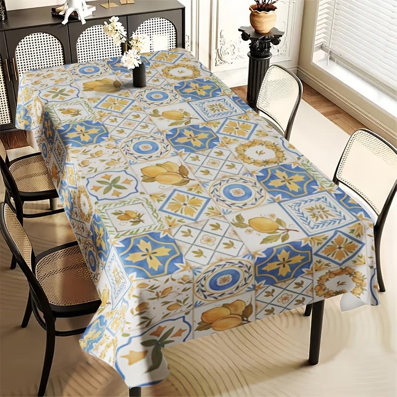 Nappe à Thème Méditerranéen Citron pour Décoration de Table Été Citrons Carrelage Impression Géométrique Tissu pour Table de Cuisine Salle à Manger Décoration de Fête 140x140cm