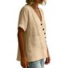 Women's Button-down V-neck Plain-colored Cotton And Linen Blouse