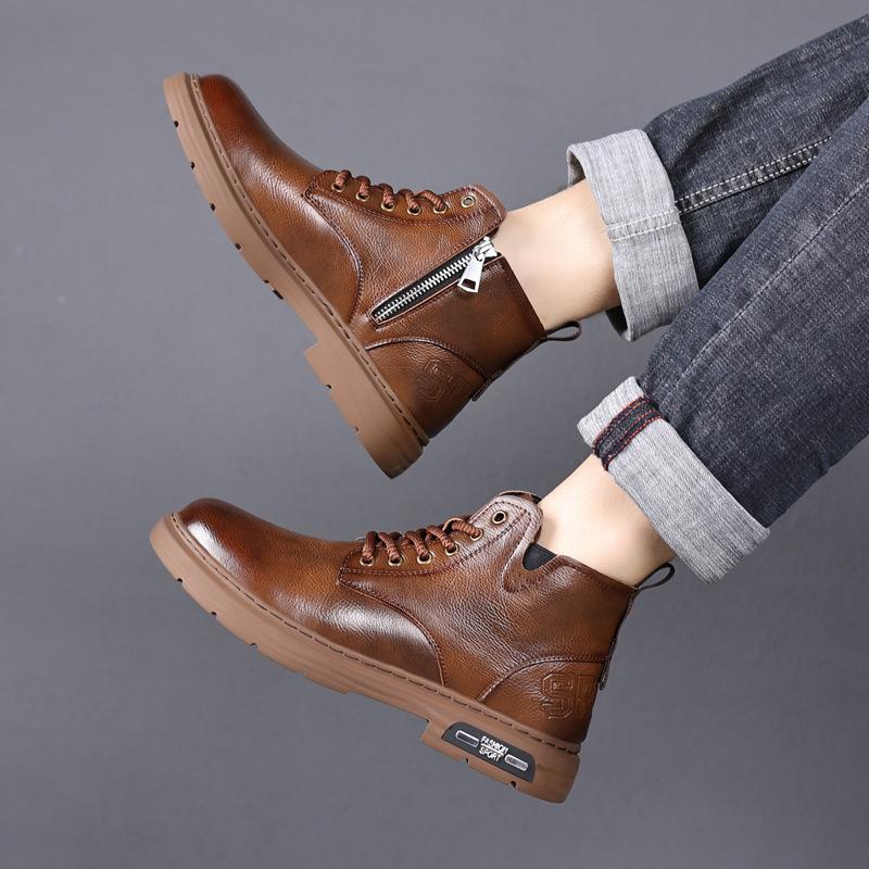 Winter Warm Martin Boots Men's Velvet New Lace-up Tooling Boots Retro Men's High-top Trendy Leather Cotton Boots