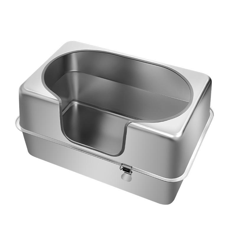 Large Open Style Cat Litter Box Stainless Steel High Sided Cat Bedpans Anti-Splash Metal Kitty Tray Easy Clean Cats Washroom