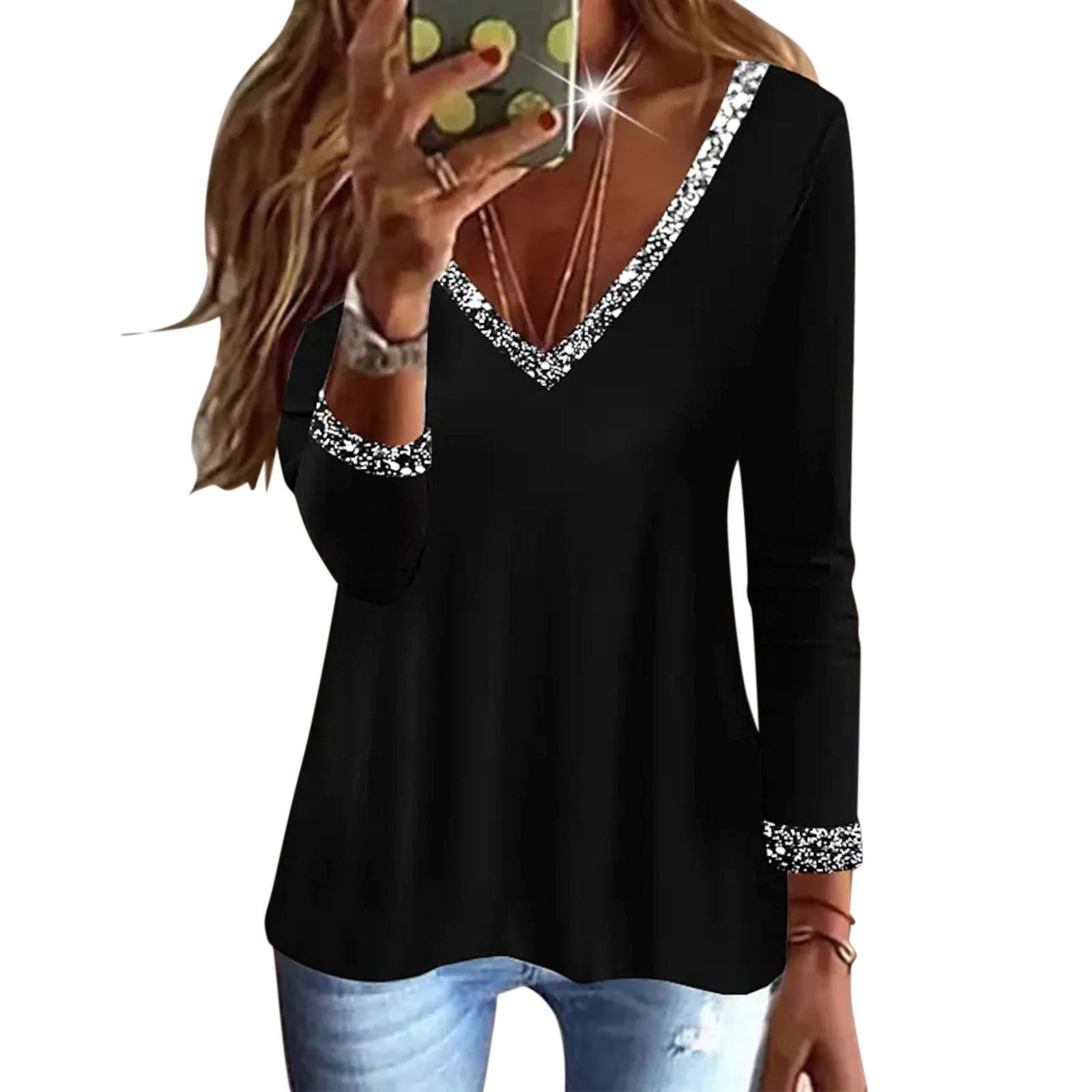 Women s Casual Fashion Printing Sequin V-neck Long Sleeve T-shirt Top S чёрный