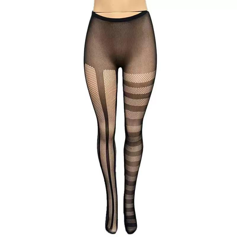 

Women Vintage Gothic Dark Punk Style Sexy Pantyhose Goth Lolita Uniform Striped Asymmetric Hollow out Fishnet Tights Summer One Size