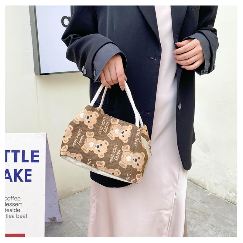 Linen Handbag Women New Cute Cartoon Bear Lunch Box Fresh Artistic Student Tutoring Bag