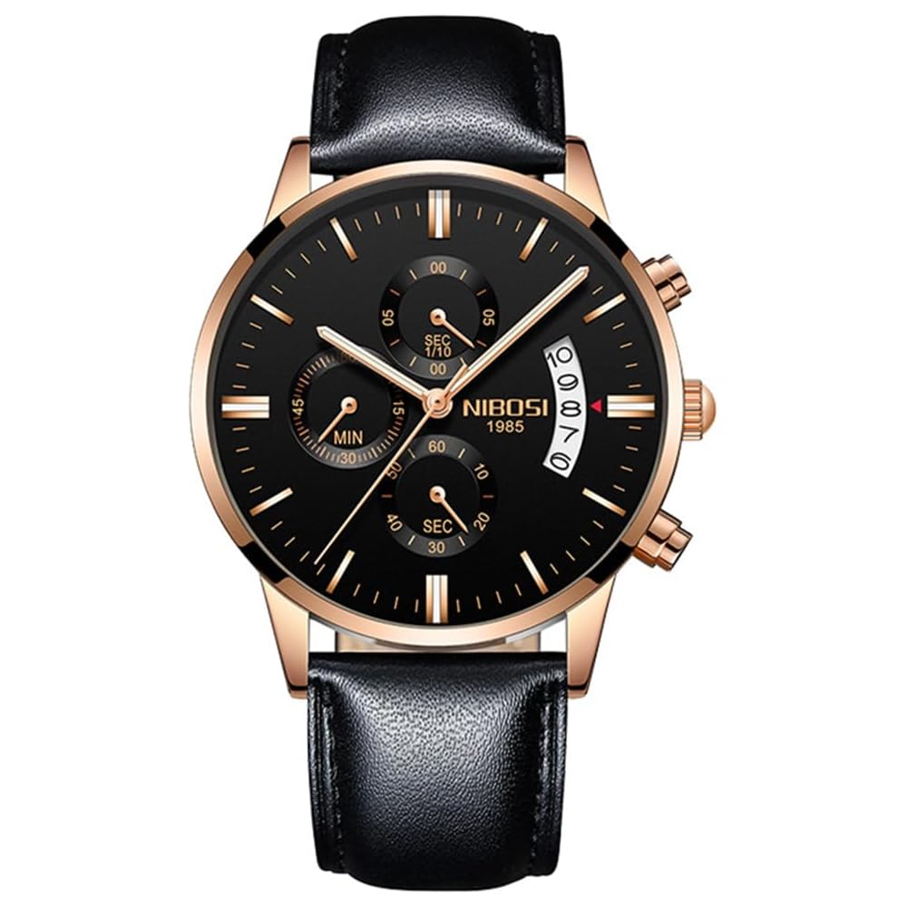 NIBOSI Men s Chronograph Watch Gold Black Leather Strap Waterproof Analog Business Casual Big Face