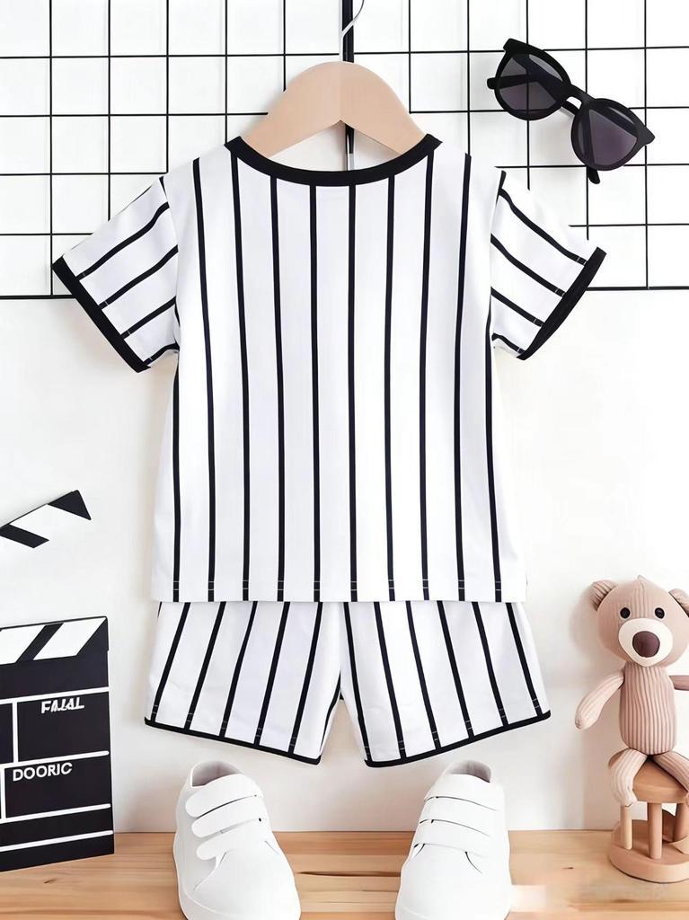 Ensemble 2 pièces pour tout-petits garçons, style baseball cool avec impression 65, Vêtements décontractés rayés d'été pour enfants, Parfait pour les jeux et l'extérieur