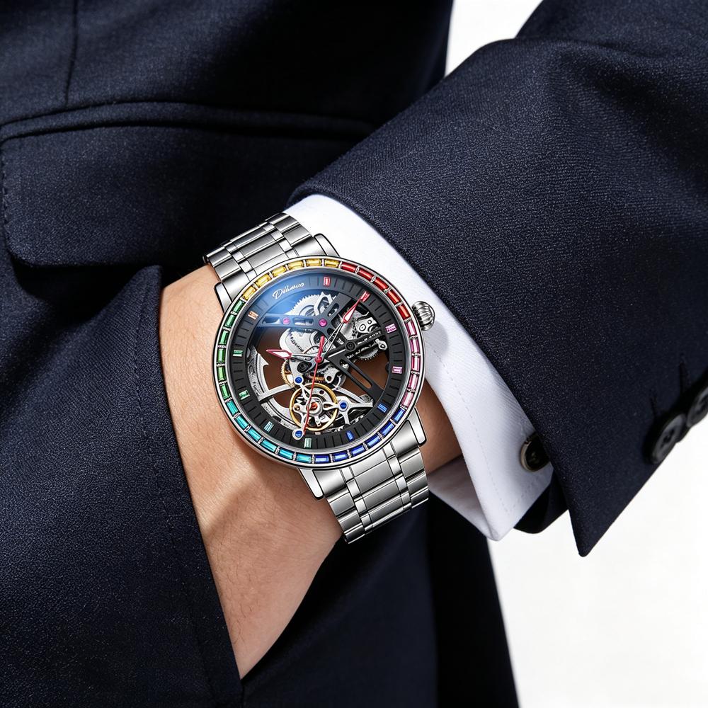 Colored Gemstone Bezel Tourbillon Series Men's Automatic Skeleton Mechanical Watch Trendy Night Light Water-Resistant Wristwatch