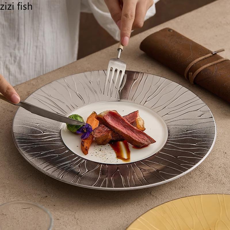 Golden Edged Tree Patterned Ceramic Dining Plate Steak Plate Salad Plate Dessert Plates Hotel Molecular Cuisine Tableware