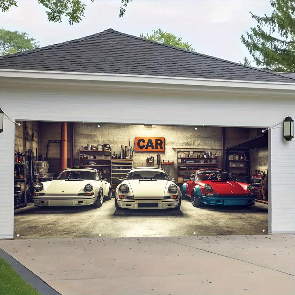 1 piece, 2D/ flat classic garage banner, retro garage style classic sports car pattern metal tool background decoration banner
