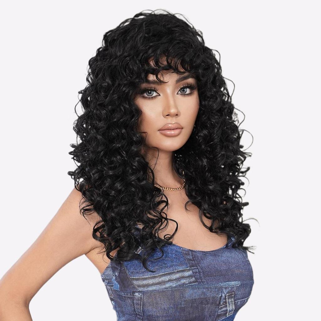 Parrucca Afro Ricci Kinky TikTok con Frangia - Capelli Sintetici Neri Jet con Texture Afro, Ricci 3C-4A Resistenti al Calore, Parrucca Protettiva dall'Aspetto Naturale