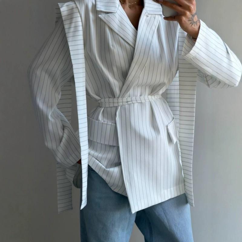 Womens Long Sleeve Striped Blazer Coat 2026 Fall Loose Fit Belted Wide Shoulder Office Chic Outwear