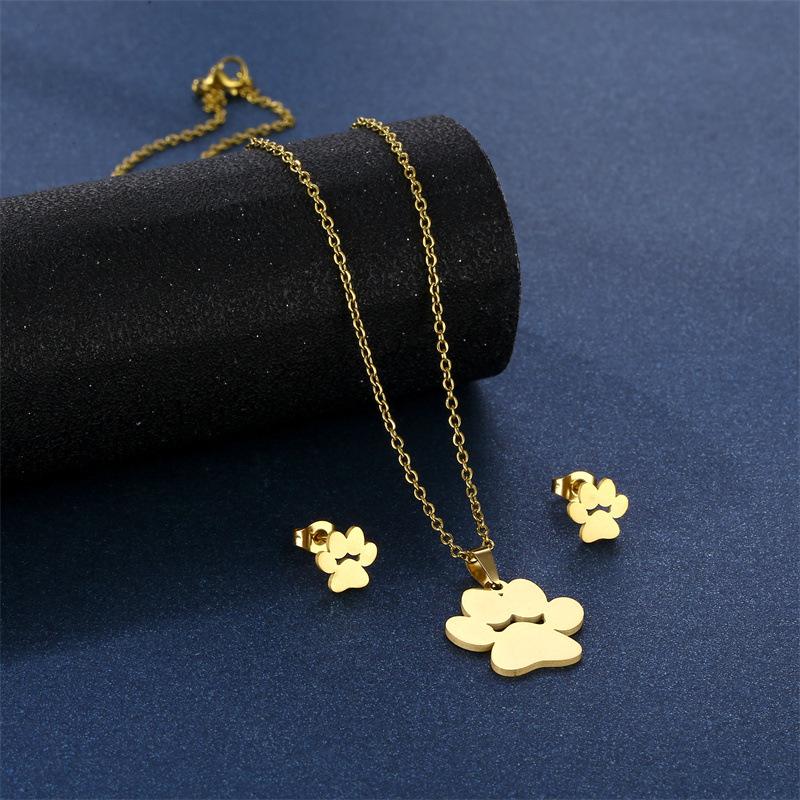 Gold Color Cute Animal Footprints Earrings Set Dog Cat Footprints Paw Necklaces Pendants Women Stainless Steel Zircon TZ329