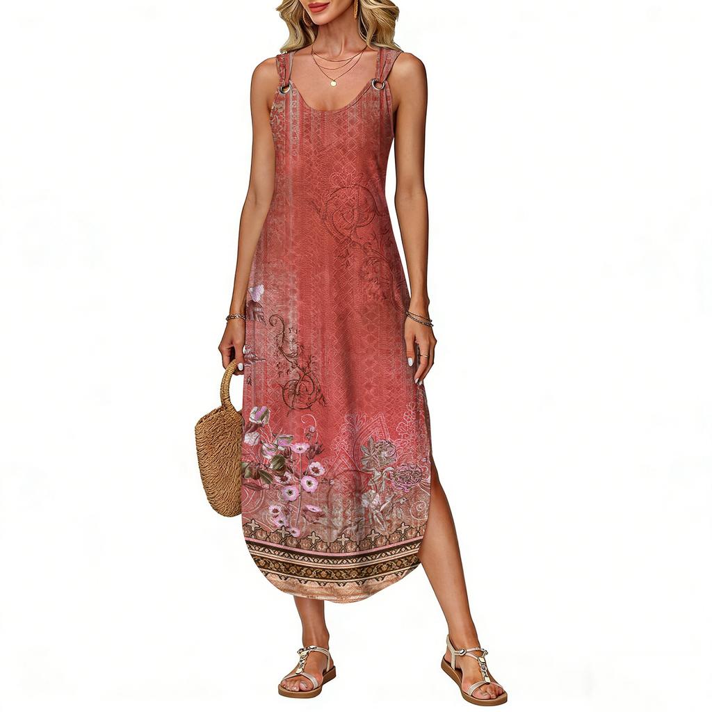Women's summer long dress, sleeveless with side slits, long retro printed camisole dress