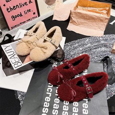 Fashion Round Toe Cosy Lamb Wool Ballet Flats Woman Fashion Bowknot Warm Fur Mary Jane Shoes Ladies Designer Buckle Fluffy Plush Loafers