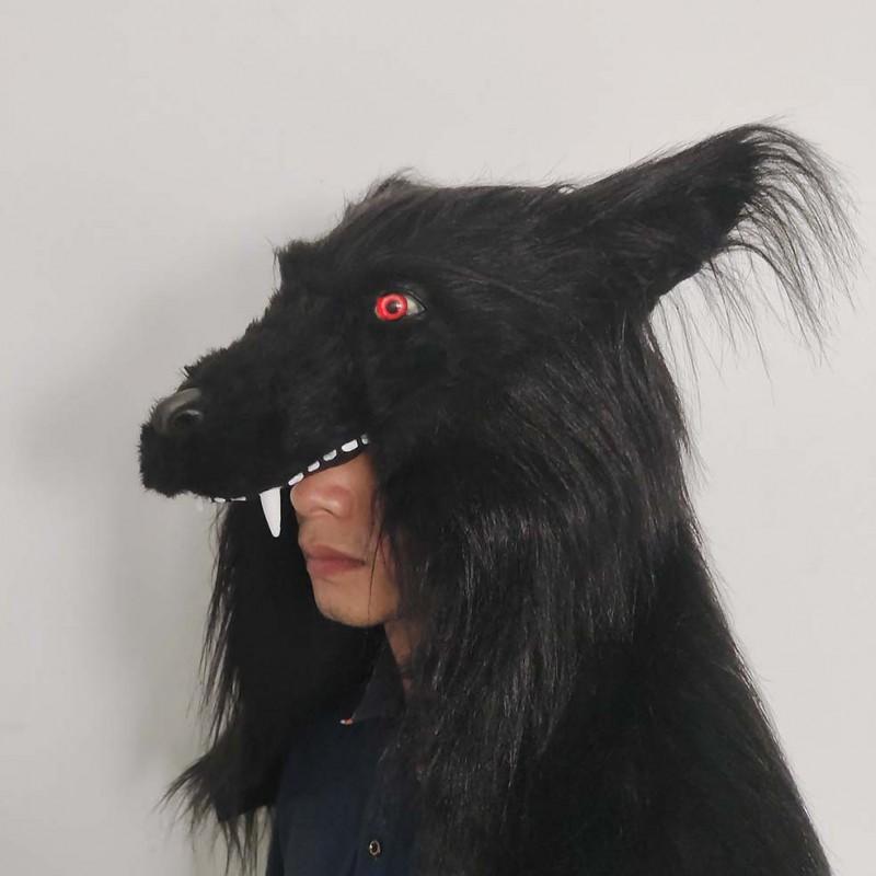 Black Wolf Head Mask Latex Plush Full Cover Halloween Cosplay Party Costume