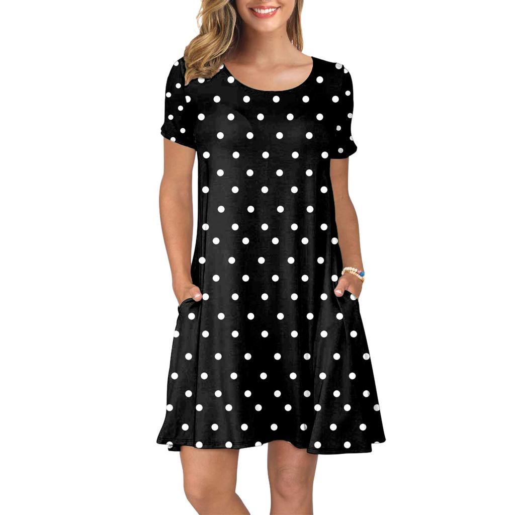 Women Summer Short Sleeve Flower Printed Pockets Sundress Casual Swing Dress