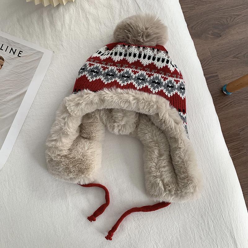 Japanese Ethnic Wind Wool Hat Women'S Autumn And Winter Lei Feng Hat Travel Skiing Ear Protection Knitted Hat Plush Thickened Warm