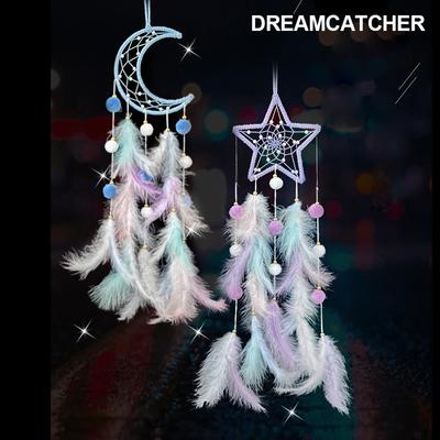 Kawaii Dreamcatcher Suncatcher Feather LED Light Moon Star Cat Catcher Room Indoor Window Car Hanging Garden Decoration Gift