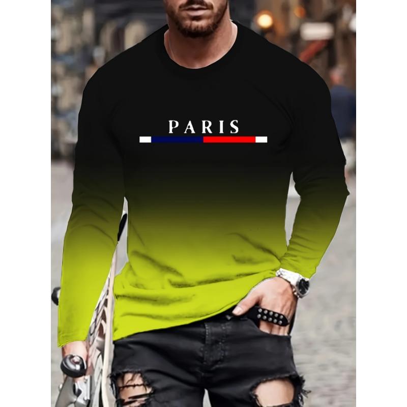 Men Gradient Paris Graphic Print T-shirt, Casual Long-sleeved Round Neck T-shirt, Men's Outdoor Clothing Spring And Autumn Wear