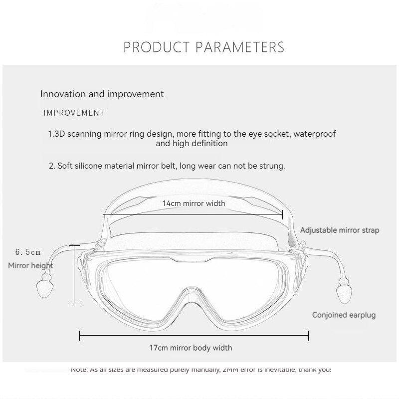 Nezamlžovací HD plavecké brýle s velkým rámem pro dospělé, muže a ženy, vodotěsné plavecké brýle, potápění, surfování, vodní sporty