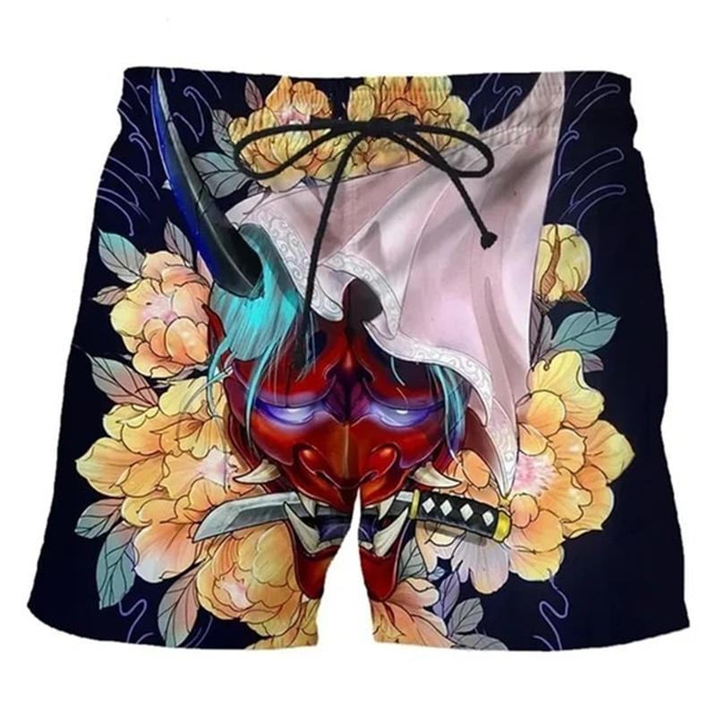 Vintage Japanese Tattoo Mask 3D Print Beach Shorts Men Women Summer Casual Swimtrunks Surfing Board Shorts Y2k Kids Clothing