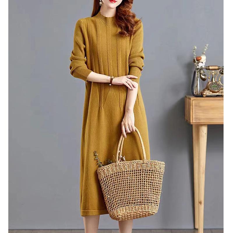 Knitted Dress for Women In Autumn and Winter Long Loose Solid Color Knee-length Sweater Dress Jacquard Half Turtleneck Sweater