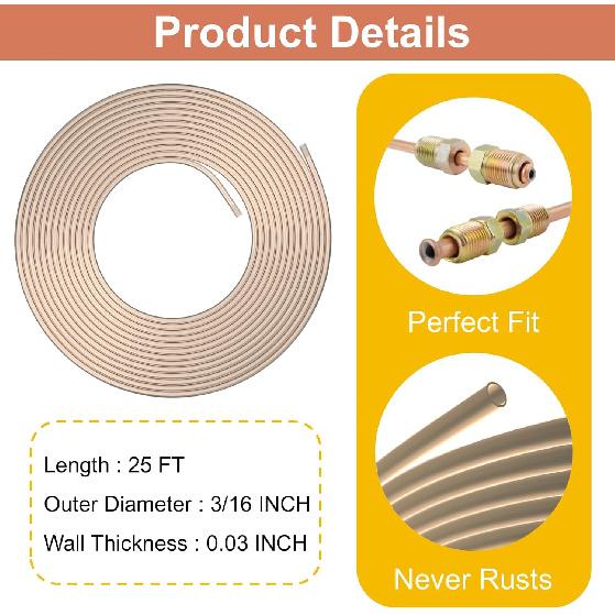3/16 Brake Line [Made Of Genuine Copper Nickel, 3/16"ODx25FT], Brake Line Kit With 16 Nuts – Non-Magnetic Copper Tubing With Fittings For Brake