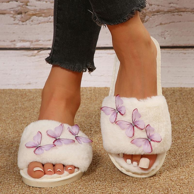 Fashion Butterfly Decor Home Plush Slippers Women Autumn Winter Open Toe Indoor Slippers for Woman Soft Sole Comfortable Faux Fur Slides