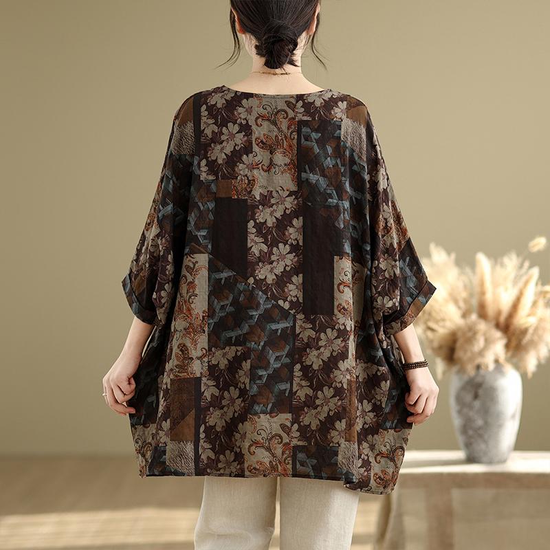 DIMANAF 2025 Lente T-shirt Plus Size Dames Print Vleermuismouw Bloemen Vintage Losse Tops Casual