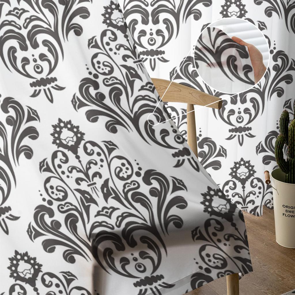 Black And White Baroque Flower Vine Abstract Tulle Sheer Window Curtains for Living Room Bedroom Voile Organza Curtains Drapes