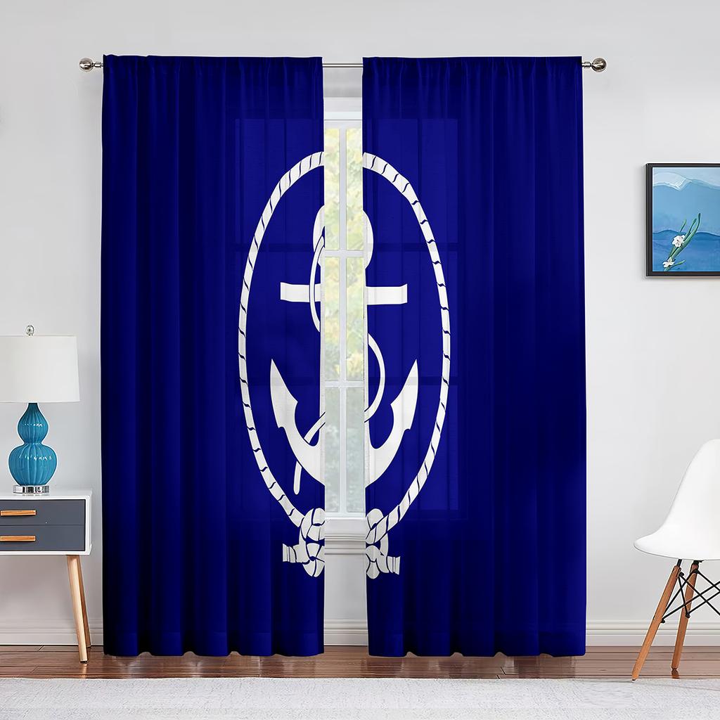 Nautical Anchor Rustic Grey Wooden Sheer Window Curtains Bedroom Modern Chiffon Drape Tulle Living Room Kitchen Voile Curtain