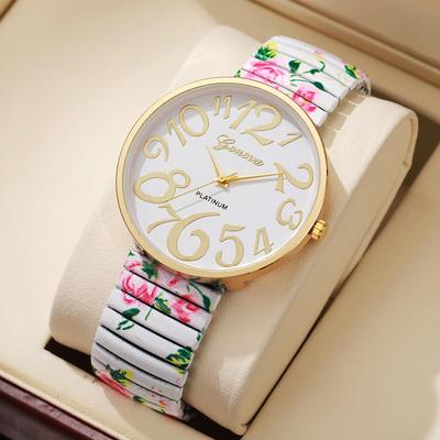 1/2/3/4 STÜCKE Mode Blumen Bedruckte Damenuhr Luxus Elastisches Armband Arabische Quarzuhren Reloj Mujer Mädchen Uhr