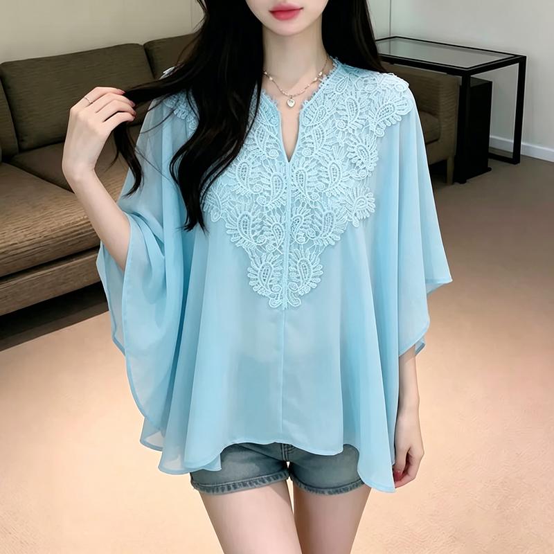 VONDA Summer Women V Neck 3/4 Batwing Sleeve Lace Crochet Casual Loose Blouse