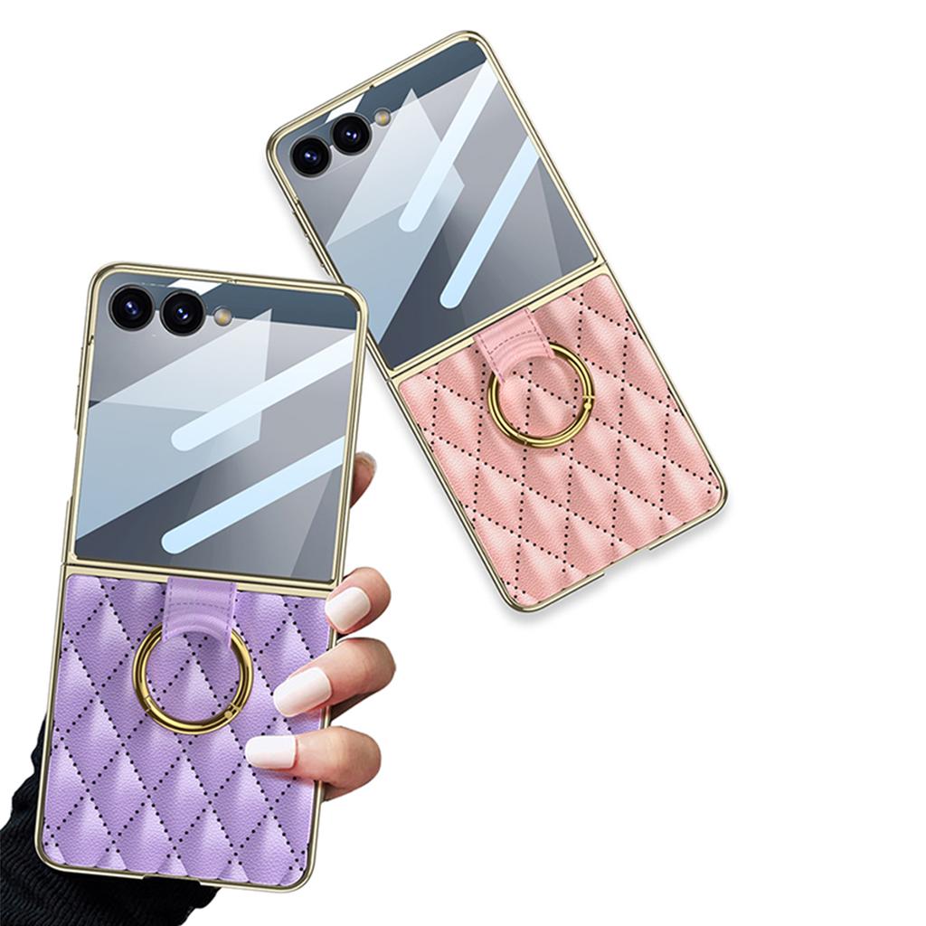 Luxury Diamond Leather Ring Holder Case for Samsung Galaxy Z Flip 7 6 5 Screen Glass Plating Edge Cover for Galaxy Z Flip7 Case