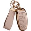 Key Fob Cover For Hyundai With Key Chain, Upper Leather + Soft TPU Car Key Case Shell For 2024   Hyundai Sonata Santa Fe Nexo Tucson (5 Buttons,