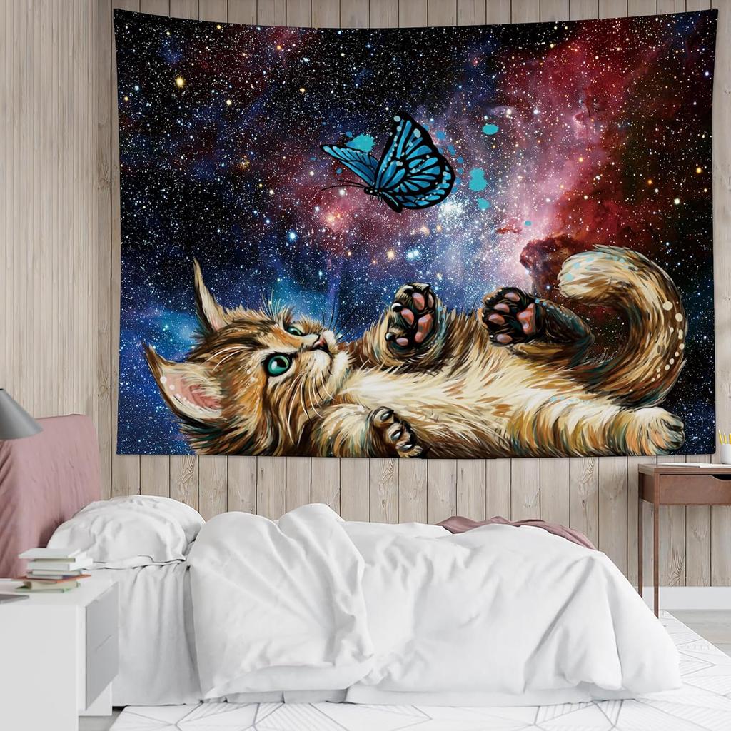 LB Cat Butterfly Tapestry, Cool Funny Cat with Butterfly Wall Tapestry for girls, Fantasy Galaxy Wall Art for Bedroom Living Room Dorm Home Decor, 60