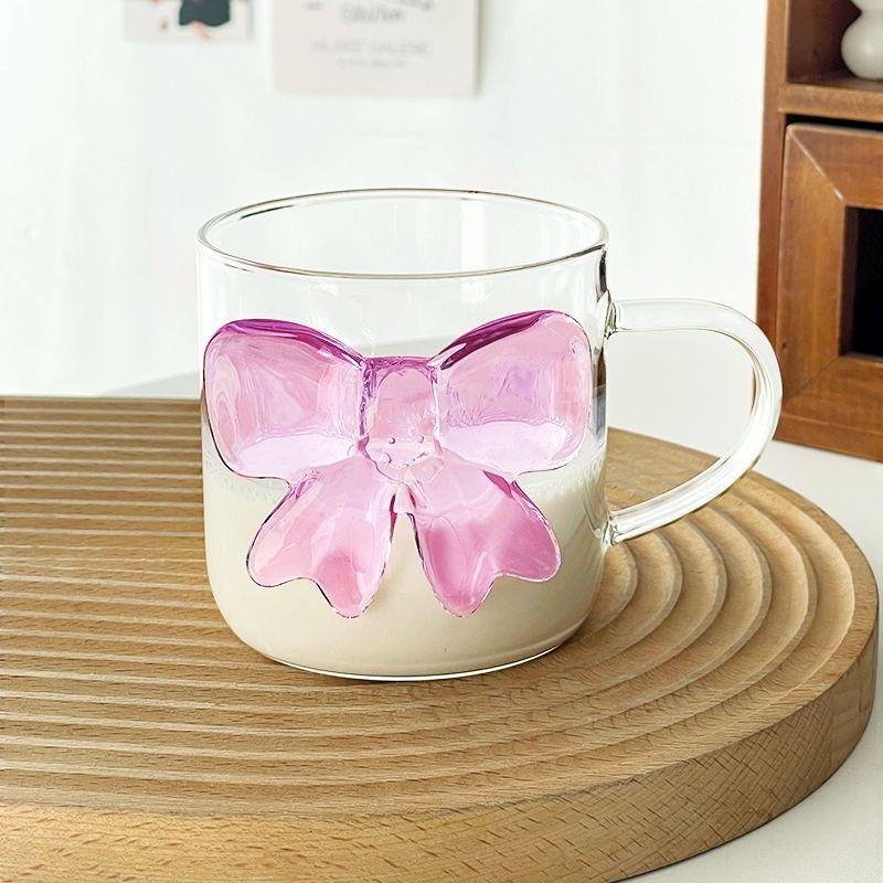 1Pcs Pink Bow Knot Glass Cup Coffee Milk Fruit Cup Heat-resistant Glass Drinks Mug Cups 13oz 400m Lovely Cup