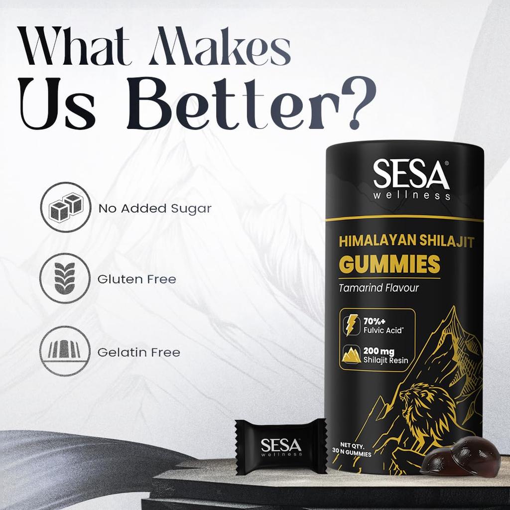 SESA Gommose Shilajit Himalayano 200mg Con Oltre 70% di Acido Fulvico Per Energia, Forza, Resistenza | Senza Zucchero | Confezione Singola | Uomini e Donne