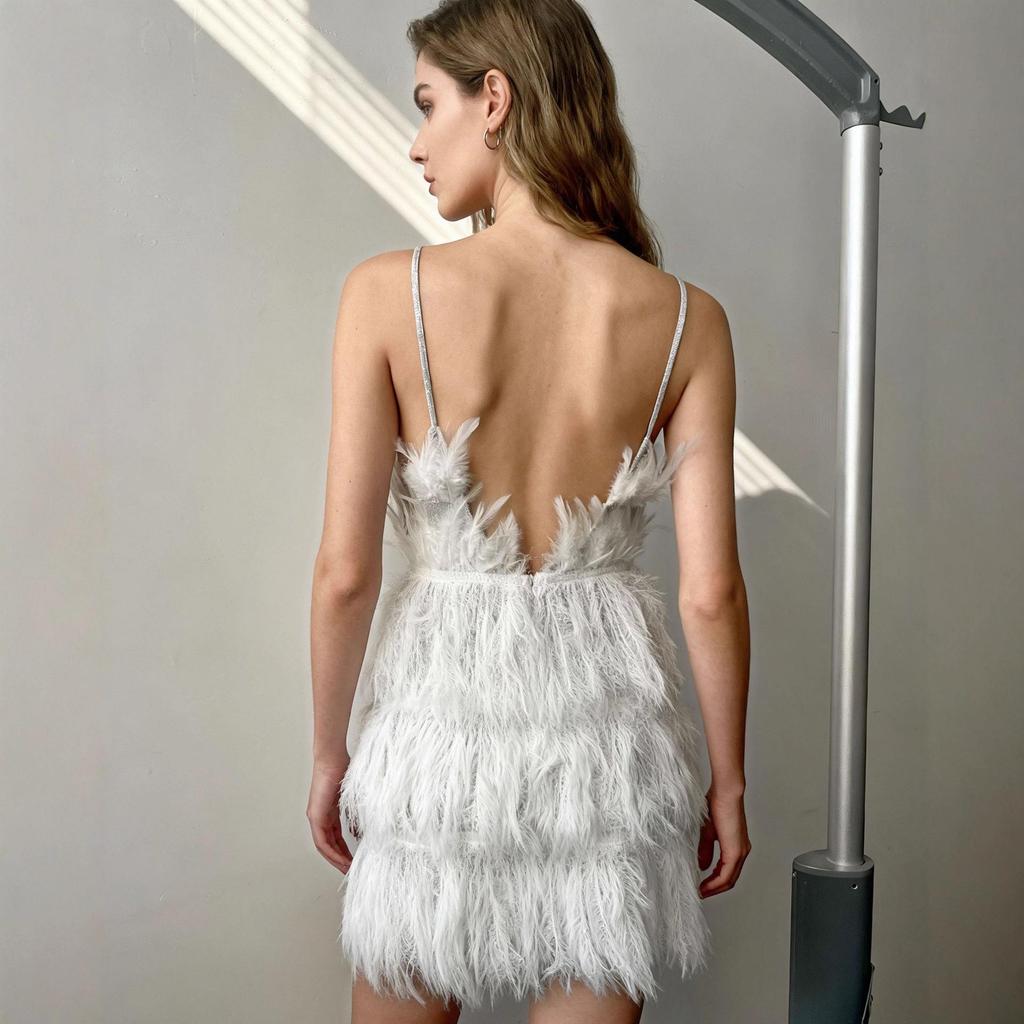 European & American Women's Sexy Backless Party Dress with Waist-cinching Deep V and Feather Straps