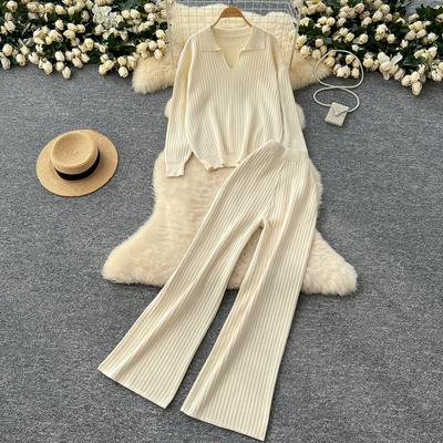 Ensemble deux pièces en tricot pour femme, pull à revers, pantalon à jambes larges, survêtement, automne et hiver