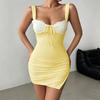 Women Mini Dress Spaghetti Strap Side Slit Ruched Bodycon Dress Built In Bra Padded Cup Summer Party Clubwear